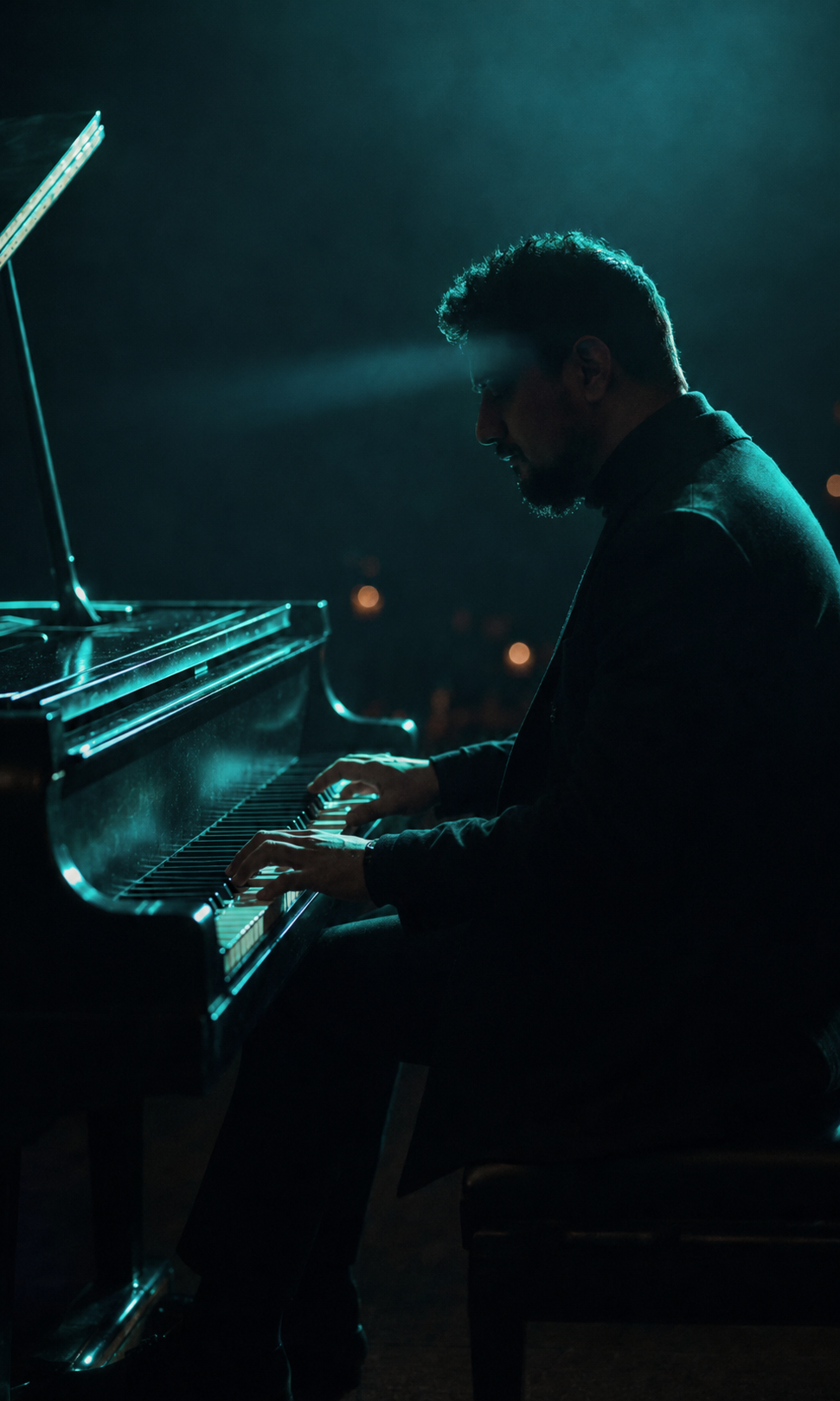 Waleed Naeem performing at a grand piano under teal concert lighting